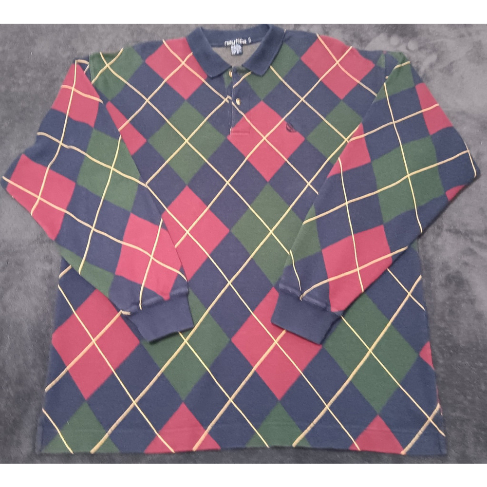 Vintage 90s Nautica Men's XL Polo Rugby Argyle Shirt L/S EUC - Picture 9 of 10